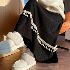 批发实拍 百褶流苏拼接针织半身裙女2025秋冬软糯高腰A字大摆毛线裙