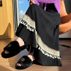 批发实拍 百褶流苏拼接针织半身裙女2025秋冬软糯高腰A字大摆毛线裙