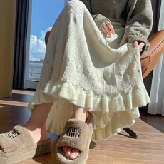 批发实拍 软糯荷叶边针织<b class='q'>半身裙</b>女2025秋冬高腰显瘦中长款a字大摆裙
