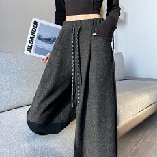 批发实拍加绒加厚羊绒弯刀裤女秋冬高腰垂感<b class='q'>休闲</b>运动麻黑色直筒阔腿裤