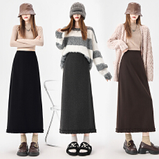 批发实拍 羊绒毛呢花边半身裙女2025秋冬高腰显瘦a字开叉<b class='q'>中长款</b>西<b class='q'>装</b>裙