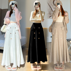 批发实拍 纽扣软糯针织半身裙女2025秋冬高腰显瘦大摆A字裙<b class='q'>中长款</b>伞裙