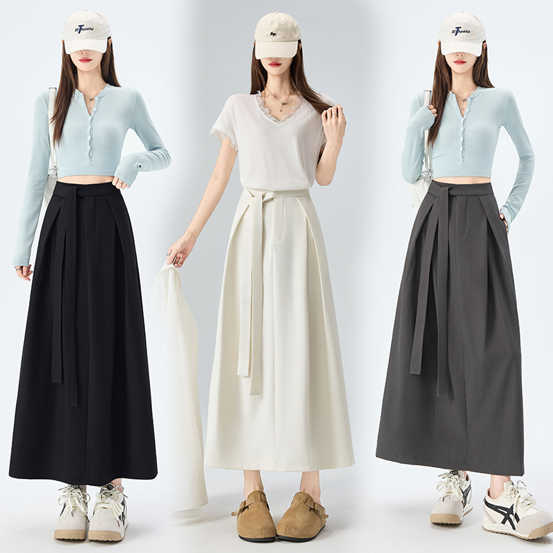 实拍 西装半身裙女2026春季高腰绑带坠感直筒包臀后开叉a字中长裙