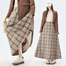 批发实拍 复古格纹半身裙女2026春季高腰显瘦弹力腰a字中长款大摆伞裙