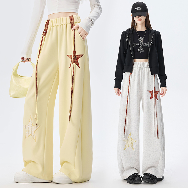 实拍五角星刺绣运动裤女2026春季新款高腰直筒宽松休闲裤阔腿卫裤