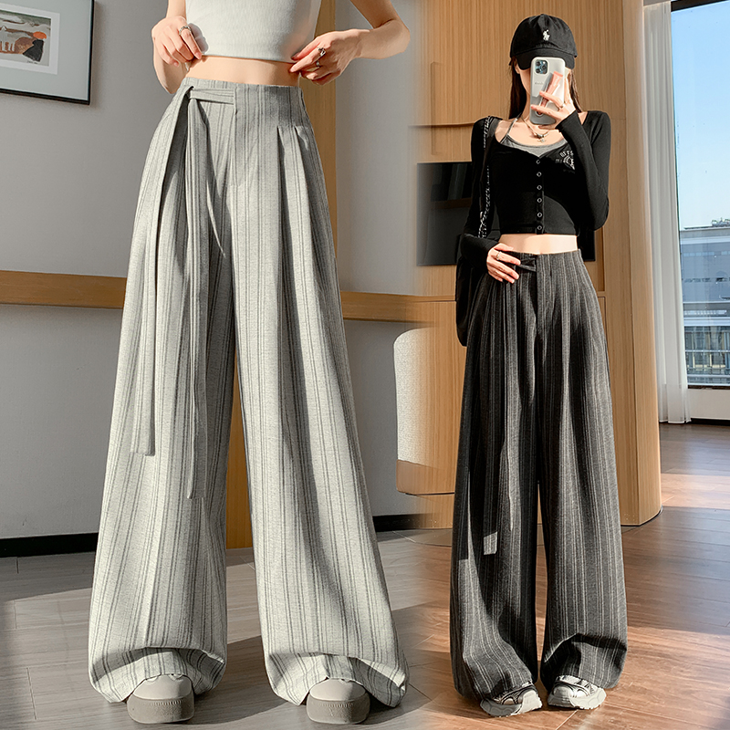 实拍条纹西装阔腿裤女2026春季高腰显瘦慵懒风宽松休闲直筒拖地裤