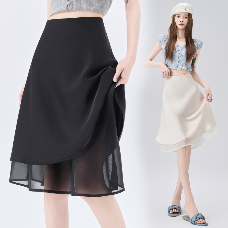 实拍 纱网拼接醋酸缎面半身裙女2026夏季高腰显瘦裙摆中长款a字裙