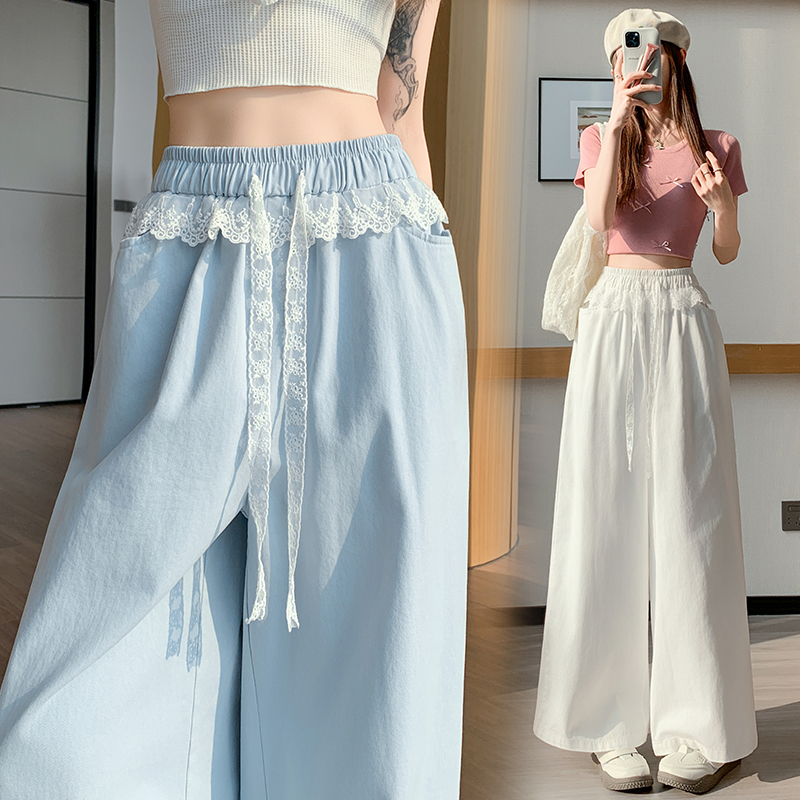 实拍蕾丝拼接洗水棉阔腿裤女2026夏季新款高腰显瘦慵懒垂感休闲裤