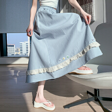 批发实拍 洗水棉半身裙2026夏季显瘦高腰花朵气质<b class='q'>中长款</b>花边裙长裙子