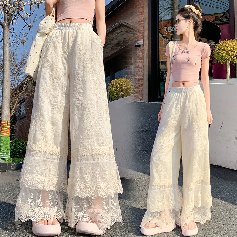 实拍刺绣蕾丝阔腿裤设计感高腰显瘦松紧腰花边拼接裤脚垂感休闲裤