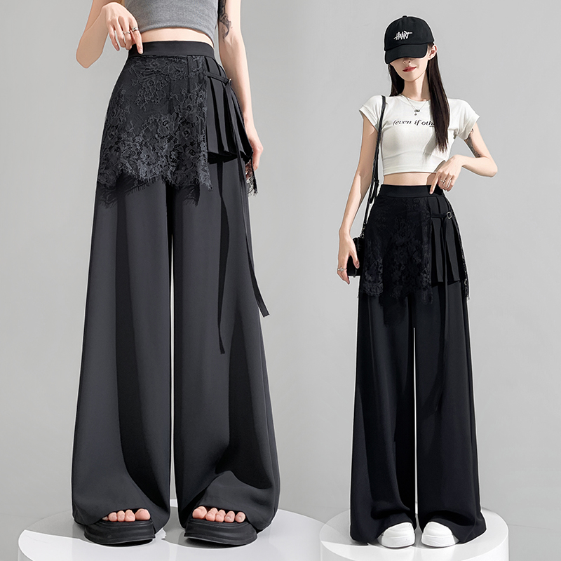 实拍 灰色蕾丝拼接屁帘西装阔腿裤女夏季高腰显瘦休闲直筒拖地裤