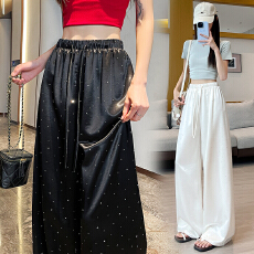 批发实拍 醋酸<b class='q'>缎面</b>休闲阔腿裤女2026烫钻抽绳高腰垂感直筒宽松拖地裤