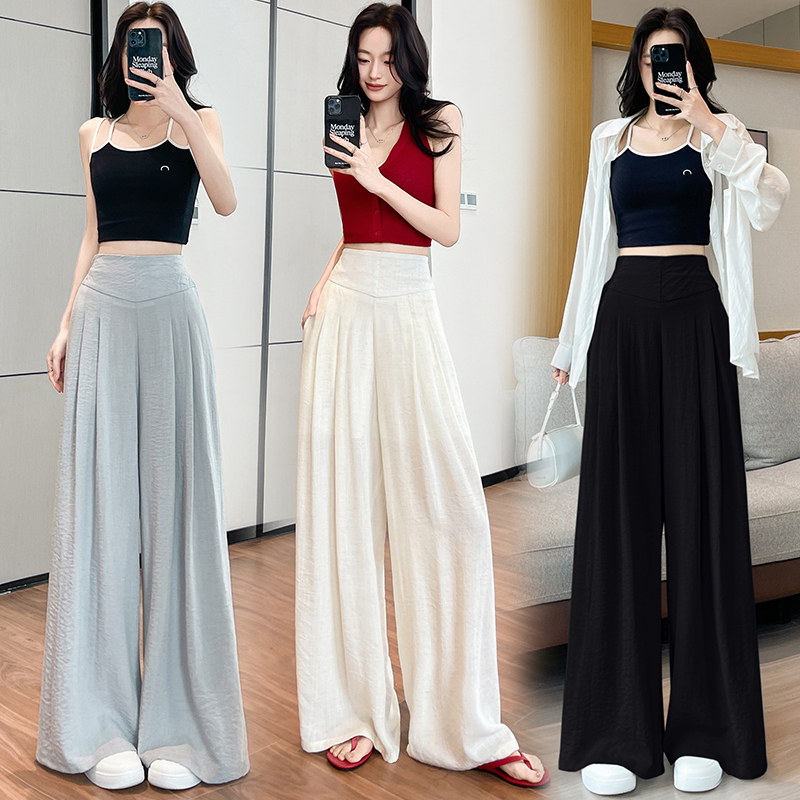RY3646# 实拍棉麻冰丝阔腿裤女2026夏季设计感高腰显瘦垂感百搭休闲直筒裤