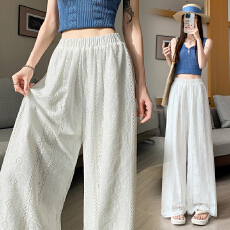 批发实拍蕾丝镂空勾花阔腿裤<b class='q'>女</b>2026夏季高腰显垂感休闲西装直筒拖地裤