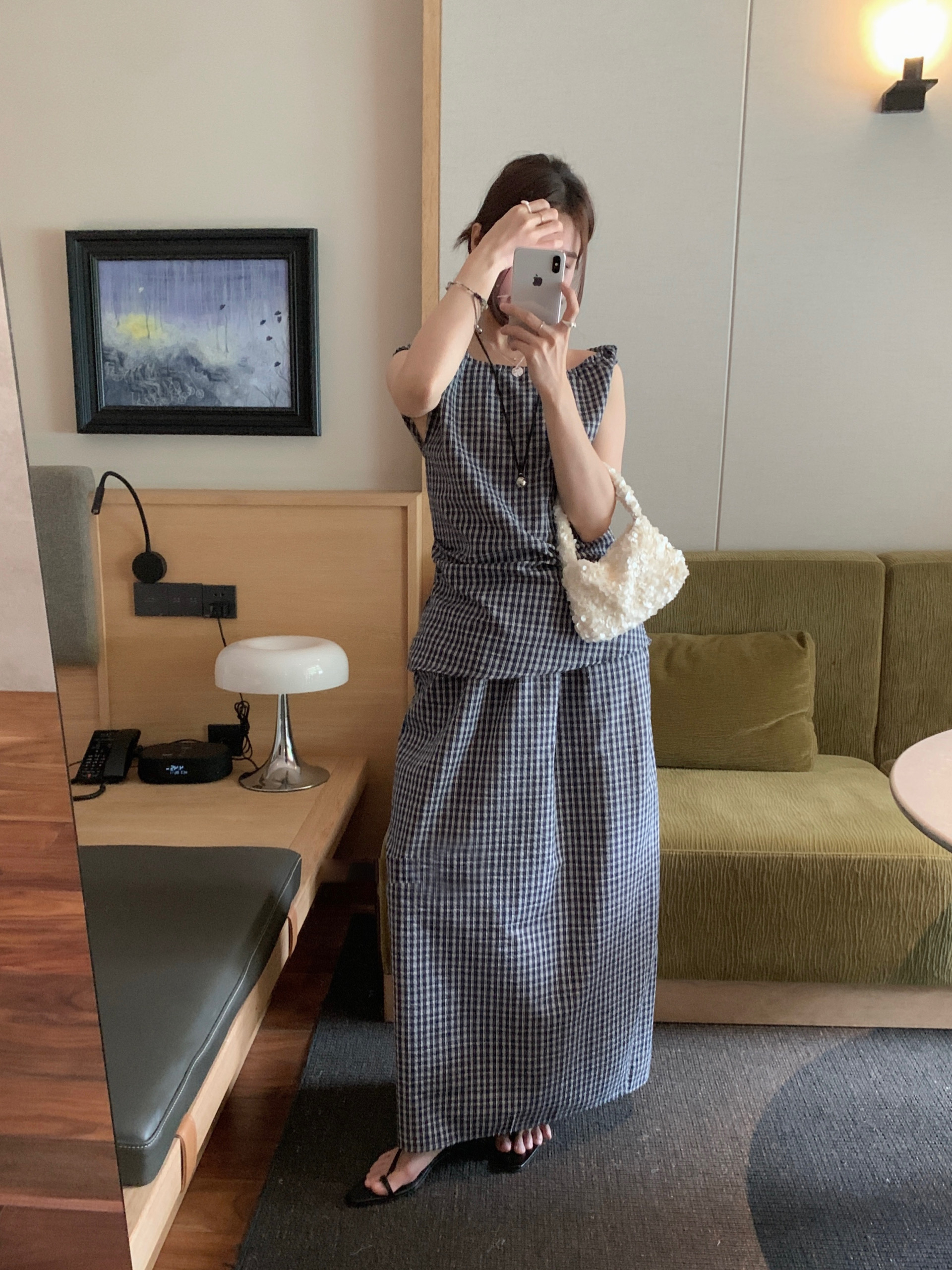 있음 밖으로 한국 스타일 불규칙 체크무늬 비스듬한 어깨 의류 반신 스커트 세트