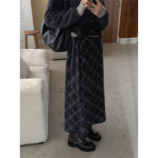 批发韩系  抽绳<b class='q'>复古</b>格纹显瘦TR百搭半身裙 女