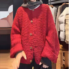 批发已出  韩版 高级感樱桃红开衫毛衣外套大妈圣诞穿搭针织开衫上衣