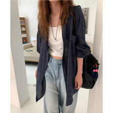 批发<b class='q'>韩版</b>  复古慵懒风超好看格纹长袖衬衫设计感宽松休闲衬衫上衣