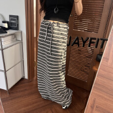 批发韩版  百搭系带<b class='q'>条纹</b>针织纯棉开叉<b class='q'>半身裙</b> 女