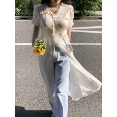 批发韩版  少女感花边蕾丝V领连衣裙 慵懒风度假叠穿长裙