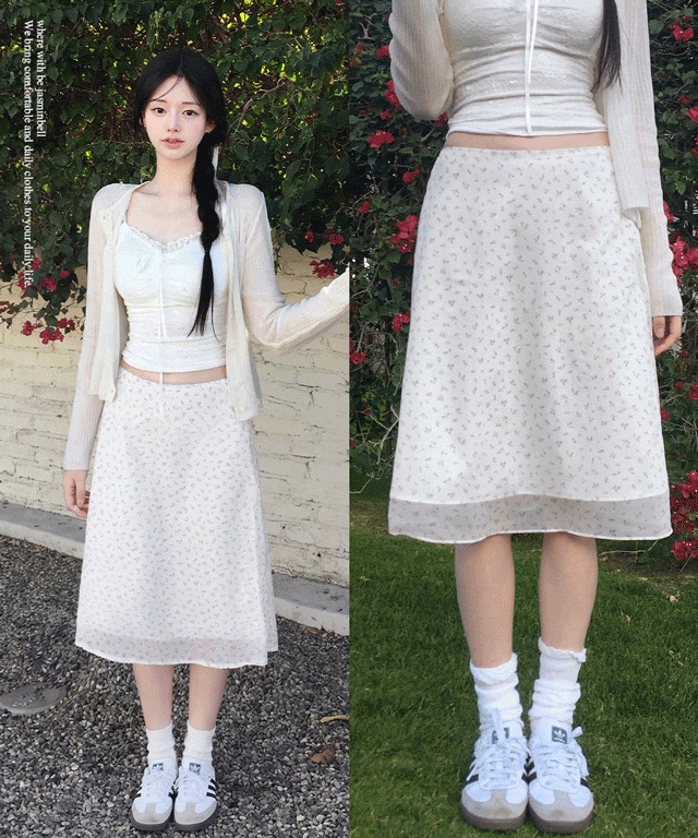 한국 스타일 소녀 꽃무늬 측면 지퍼 허리밴드 쉬폰 반신 스커트 여성