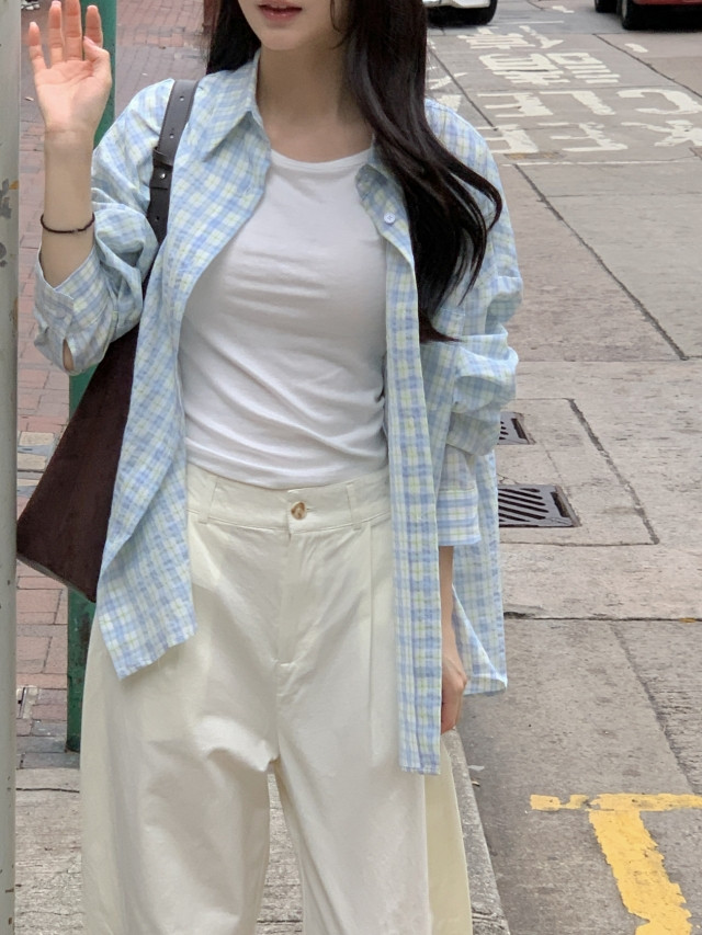 있음 밖으로 한 부서 작은 청신 배색 체크무늬 폴로 칼라 얇은 스타일 자외선 차단 셔츠 POLO 칼라 긴팔 셔츠