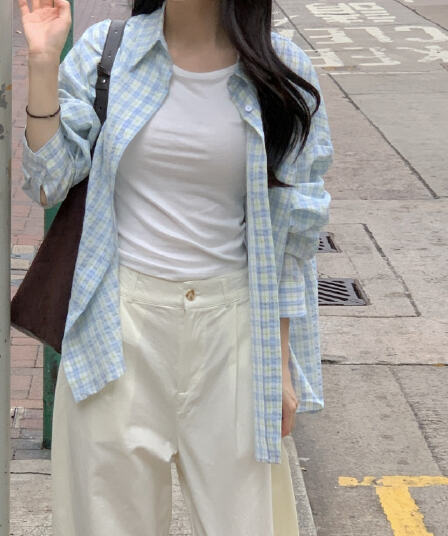 있음 선적 한 부서 작은 청신 배색 체크무늬 폴로 칼라 얇은 스타일 자외선 차단 셔츠 POLO 칼라 긴팔 셔츠