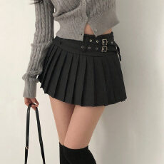 批发美式复古<b class='q'>条纹</b>百褶短裙<b class='q'>半身裙</b>辣妹双腰带防走光裙子