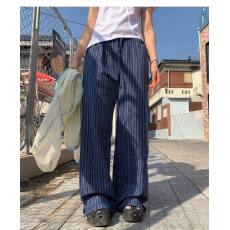 批发已出 韩版复古度假风竖条纹松紧腰阔腿直筒小开叉<b class='q'>休闲裤</b><b class='q'>长裤</b>