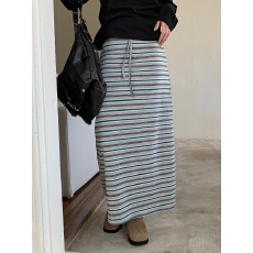 洋气青春少女感松紧腰抽绳纯棉条纹半身裙  女