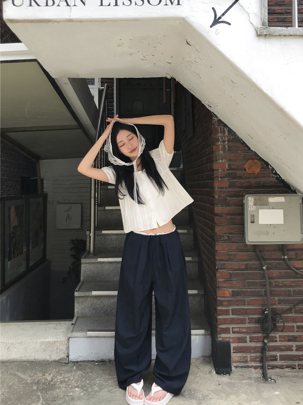있음 밖으로 한국 스타일 다용도 허리 패치워크 허리밴드 캐주얼 얇은 스타일 편안함 와이드 레그 팬츠 긴 바지 여성