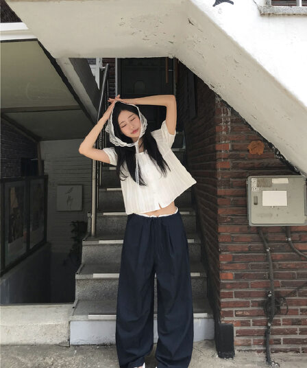 있음 밖으로 한국 스타일 다용도 허리 패치워크 허리밴드 캐주얼 얇은 스타일 편안함 와이드 레그 팬츠 긴 바지 여성