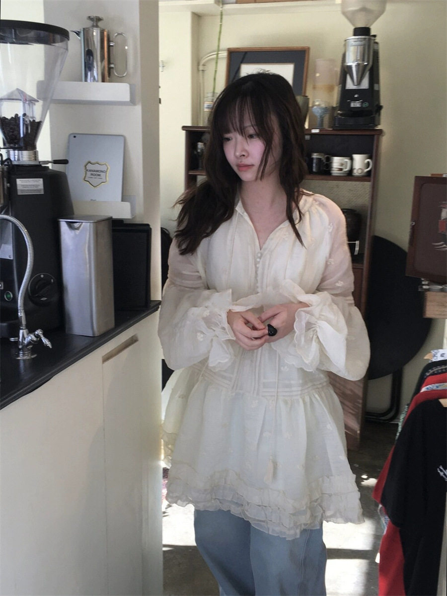 하나 달콤한 복숭아 톰 글 래 몽골 도로 자수 벌룬 소매 분위기 센스 착용 가져 가라. 드레스 여성