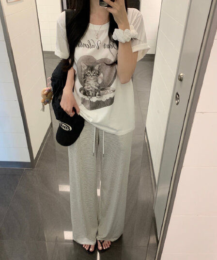 한 부서 슈퍼 편안한 느긋한 느슨함 나만의 것을 가져와 라. 도루 센스 루즈핏 넓은 다리 슬림해 보이는 스트라이프 캐주얼 바지