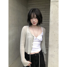 批发已出 <b class='q'>韩版</b>   百搭亚麻针织开衫薄款坑条纯色防晒长袖上衣 女