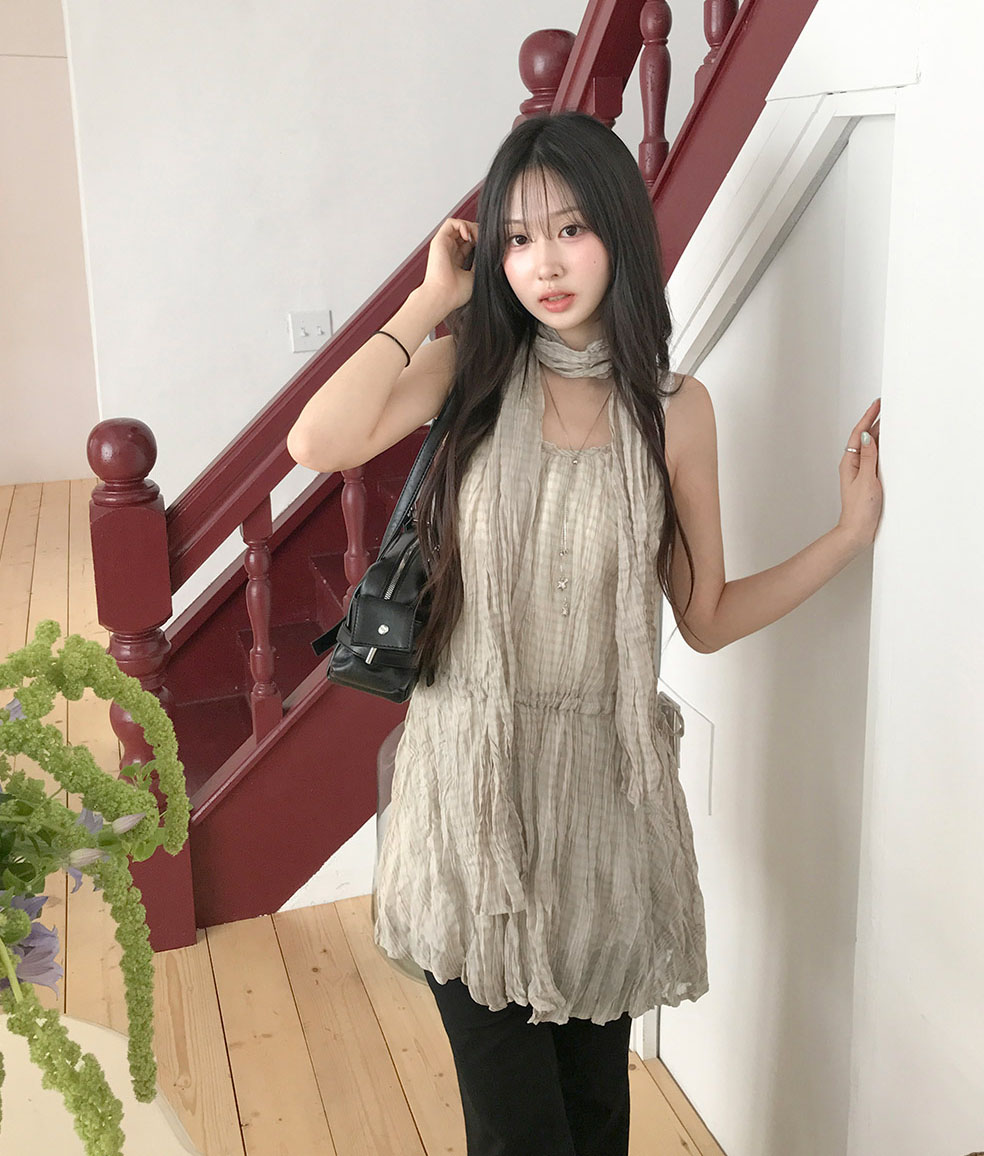 한 부서 여름 신제품 디자인 센스 슬립 여성 드레스 주름 레이스업 허리 수축 주름 주름 치마 미니 스커트 여성