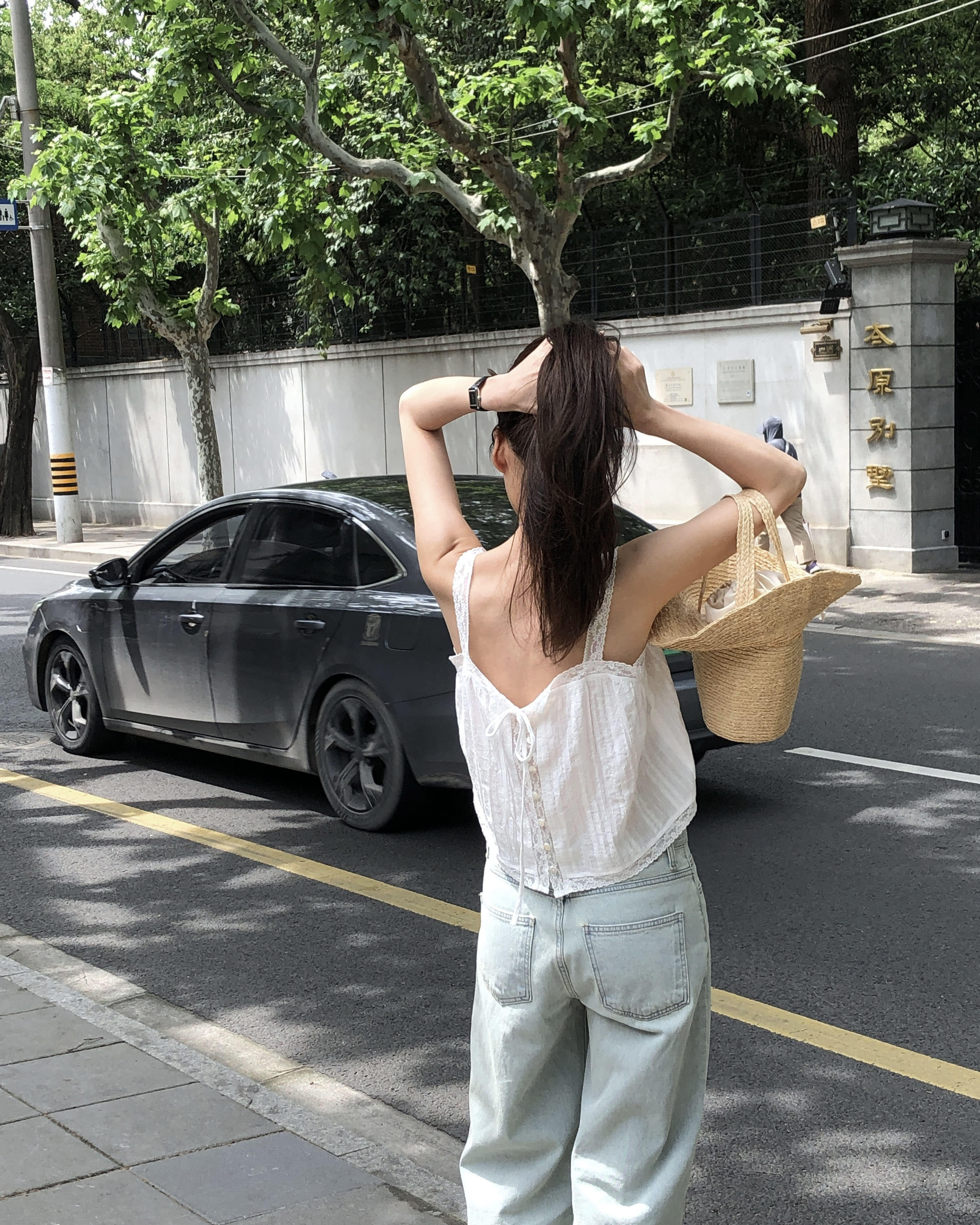 한국 스타일 디자인 센스 전후 둘 착용 오픈 가디건 레이스업 레이스 슬립 맨위 여성