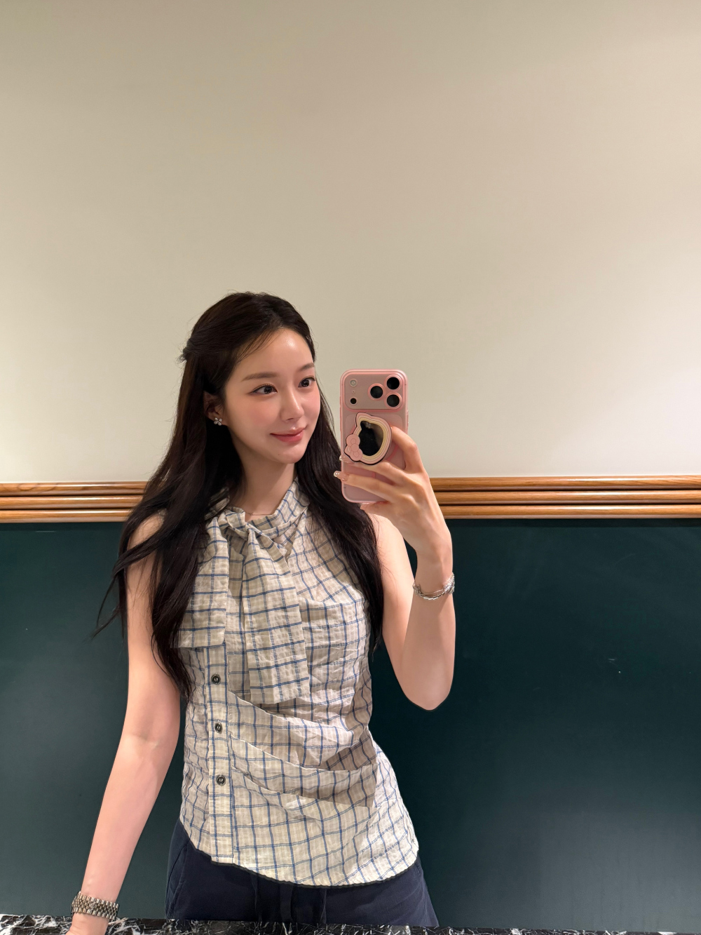 있음 밖으로 한국 스타일 연령 감소 체크무늬 작은 터틀넥 레이스업 허리 수축 맨위 여성 슬림해 보이는 품격 다용도 셔츠 여성