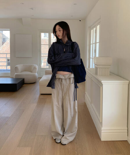 한 부서 패션 폴딩 뒤집다 측면 펌프 로프 허리 둘레 루즈핏 스트레이트 캐주얼 바지 긴 바지 여성