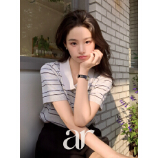 批发韩版  百搭减龄小清新撞色翻领细条纹短袖针织衫上衣 女