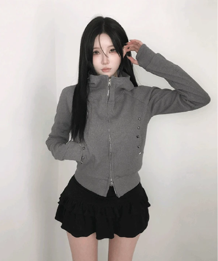 아메리칸 레트로 더블 지퍼 헤드 오픈 가디건 몸매 가꾸기 후드 티 스웨터 가을 신제품 슬림해 보이는 쇼트 스타일 재킷 여성