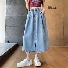 批发实拍新款复古多扣全棉牛仔半身裙松紧腰显瘦中长款女裙开叉A字裙