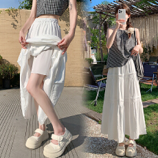 批发实拍拼接白色阔腿伞裙女夏腰部褶皱设计感宽松松紧腰裙长裙女