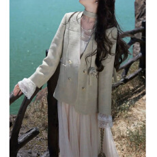 批发2025新款早春简约法式优雅大方气质时尚轻薄豆沙绿<b class='q'>西装外套</b>飘带