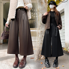 批发实拍好质量咖色PU皮裤阔腿裤女秋冬2025小个子直筒弯刀七八分裤