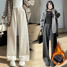 批发实拍灰色休闲裤女冬季加绒高腰显瘦宽松垂感直筒窄版阔腿裤子女