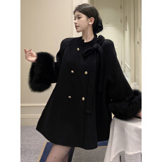 批发黑色小香风毛呢外套女富家千金名媛斗篷大衣中长款气质宽松慵懒风