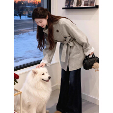 批发黑色单面羊毛大衣2025年秋冬季女短款千金风系带收腰显瘦毛呢外套