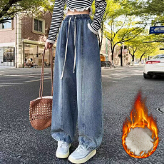 批发实拍加绒<b class='q'>女</b>装欧货高腰显瘦宽松直筒拖地哈伦阔腿冬季牛仔裤<b class='q'>女</b>镰刀