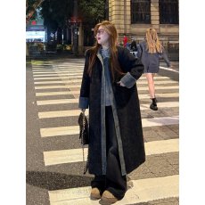 批发南岛风大码女装遮肚子毛毛拼接牛仔毛呢外套秋冬宽松显瘦大衣